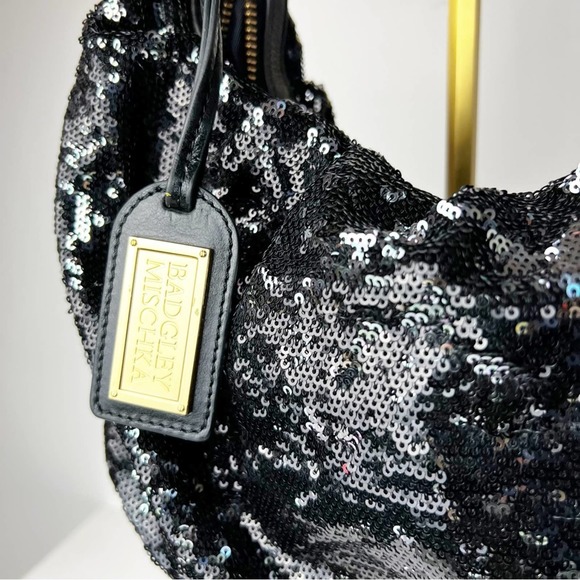 Badgley Mischka Black/Silver Sequin Hobo Bag Gold Hardware - Picture 2 of 9